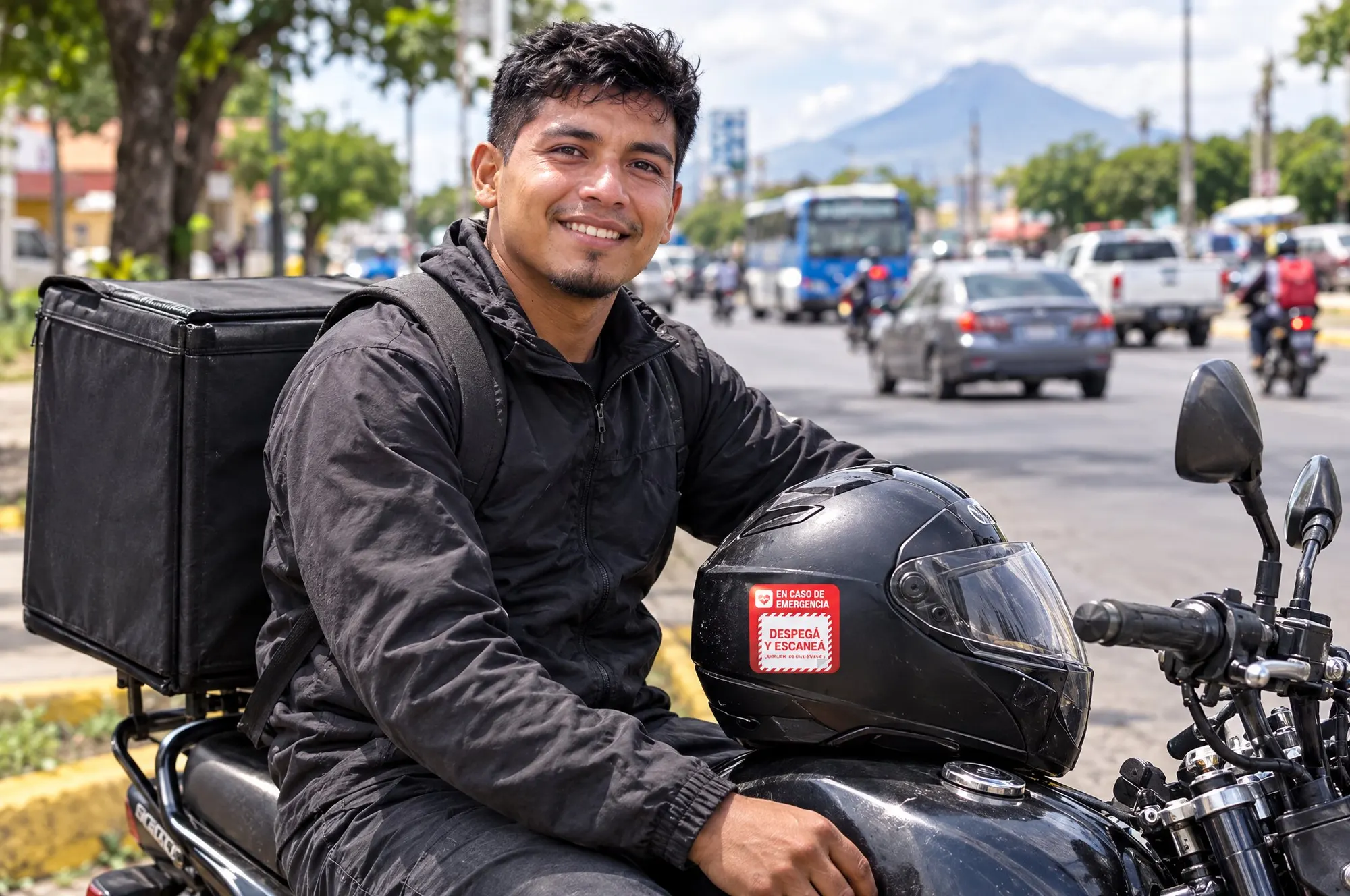 Repartidor en su moto en Managua, con el sticker de Mi Vida ID en el casco