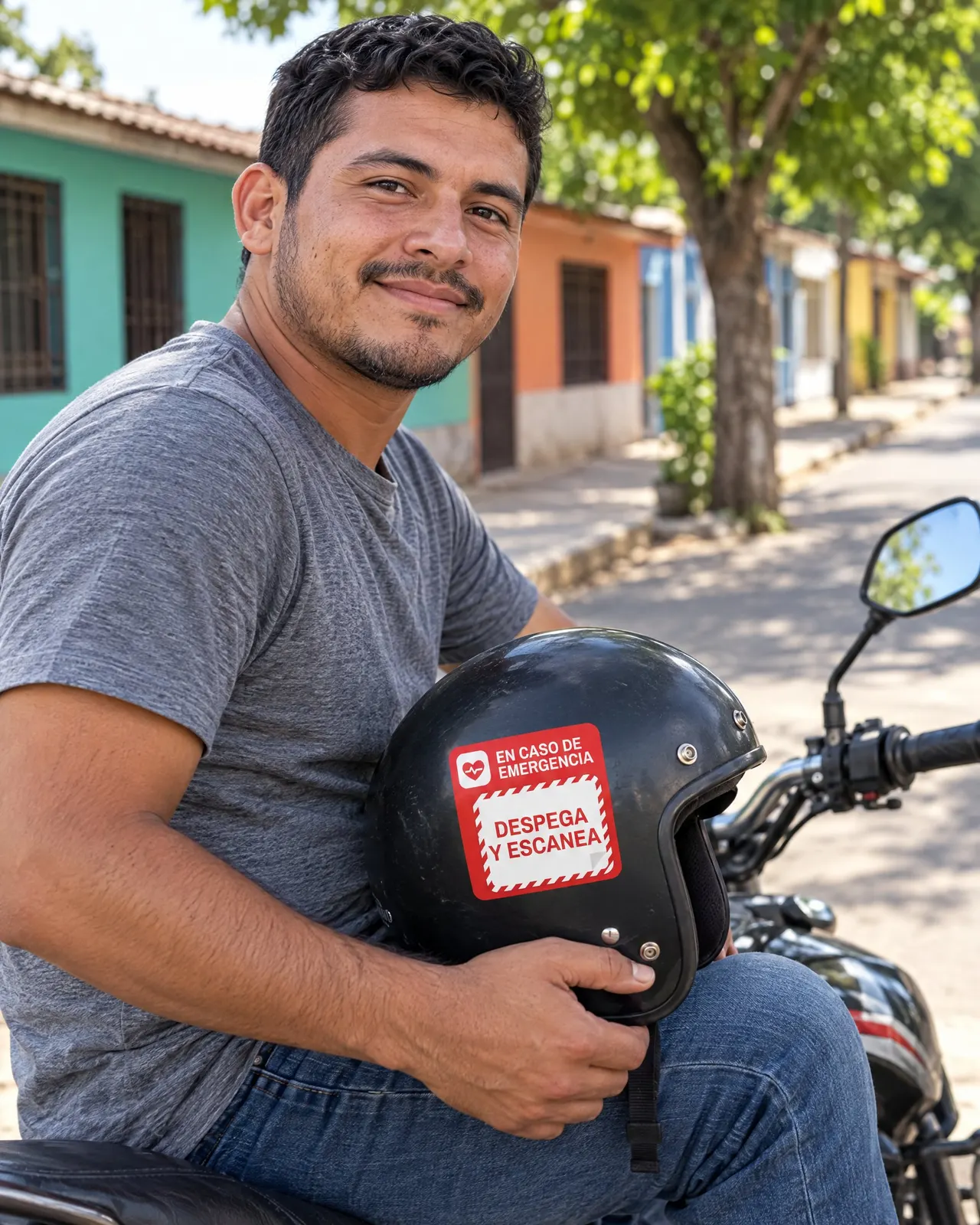 Motociclista en Managua con su casco, que lleva el sticker de Mi Vida ID