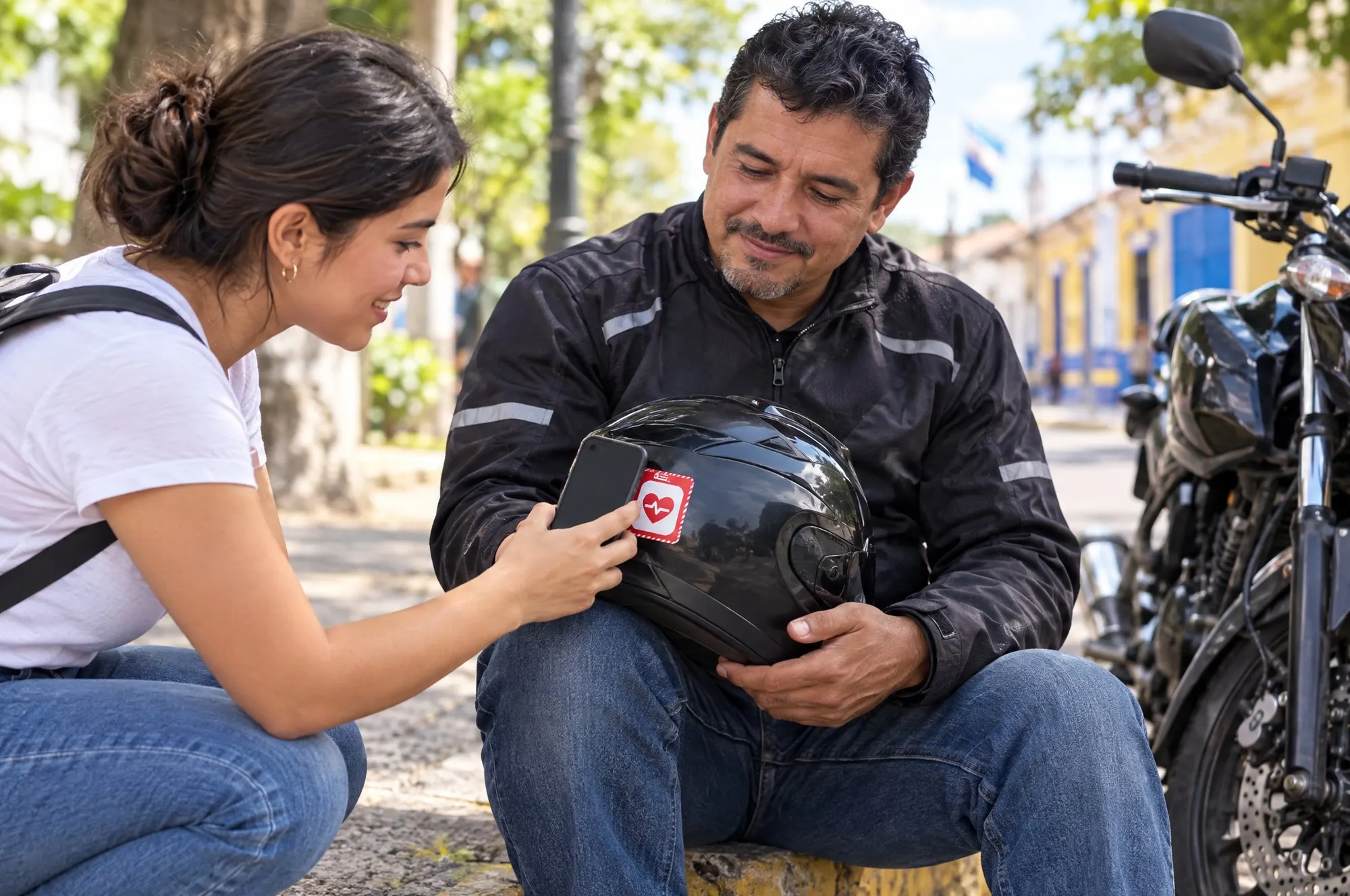 Una persona escanea con su celular el sticker del casco de un motociclista